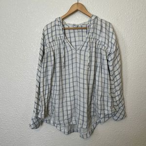 Free People White Blue Plaid Gauze Hooded Top Women's Size Medium